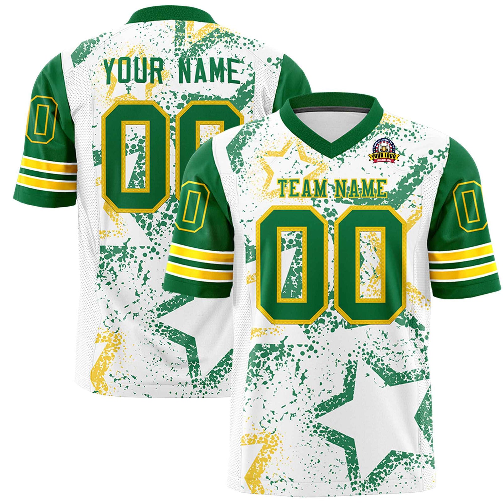 Custom White Neon-Green Gold Mesh Star Football Jersey