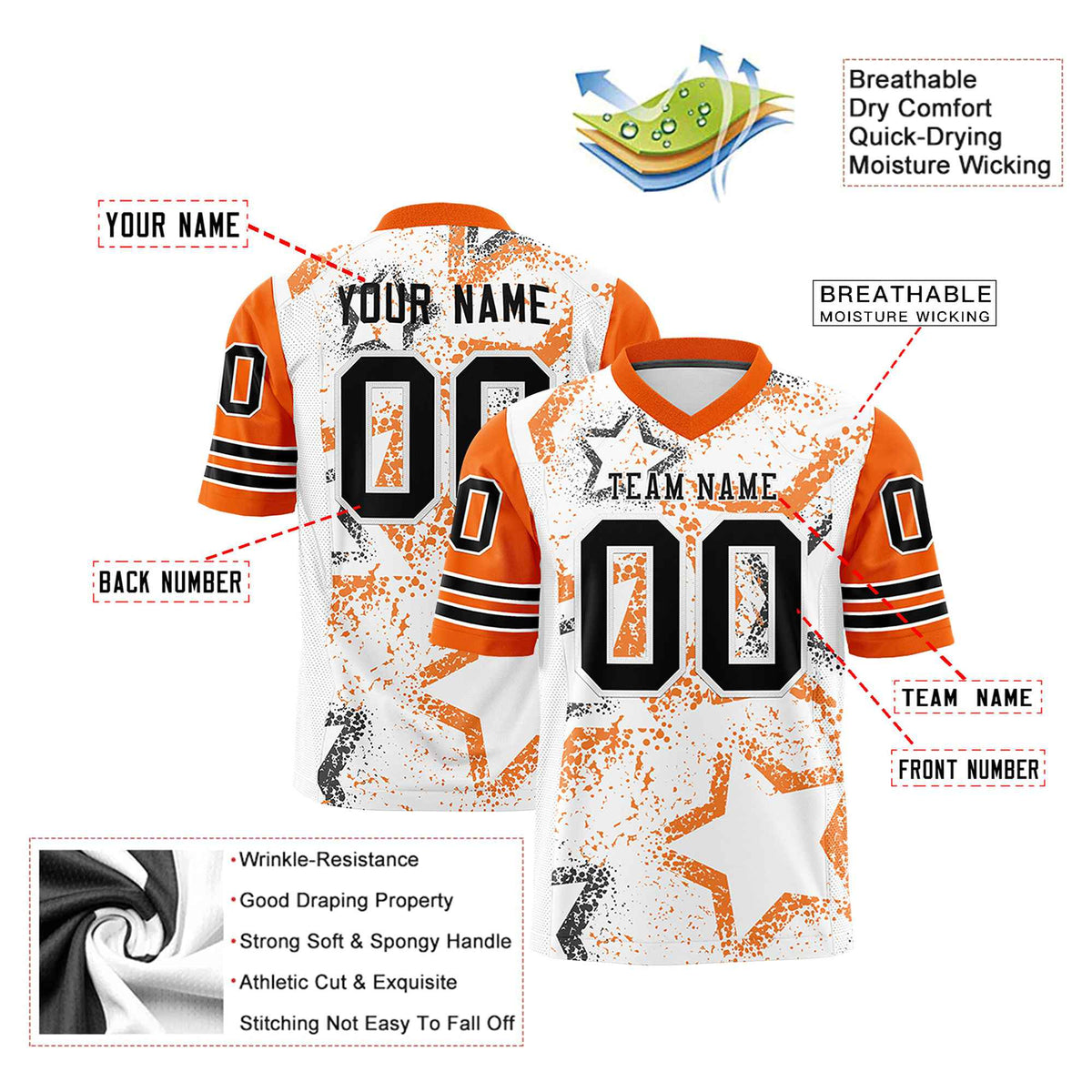 Custom White Black-Orange Mesh Star Football Jersey