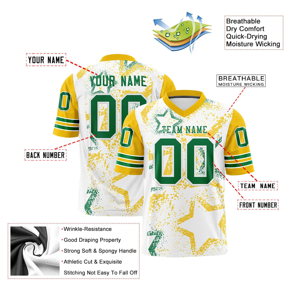 Custom White Kelly-Green Yellow Mesh Star Football Jersey