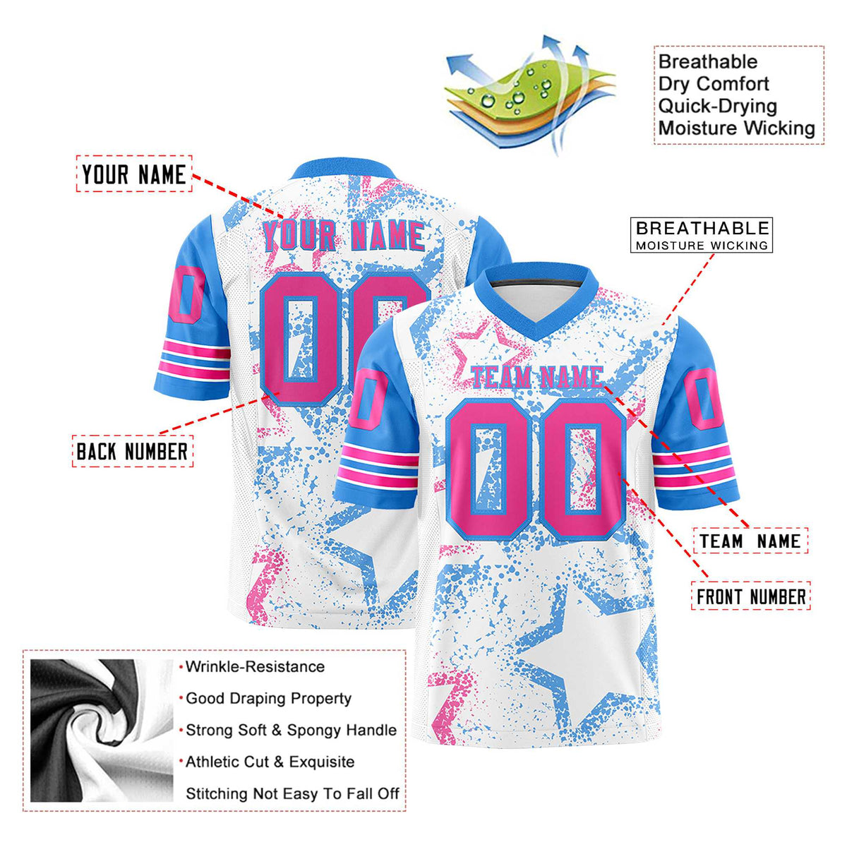 Custom White Pink Light-Blue Mesh Star Football Jersey