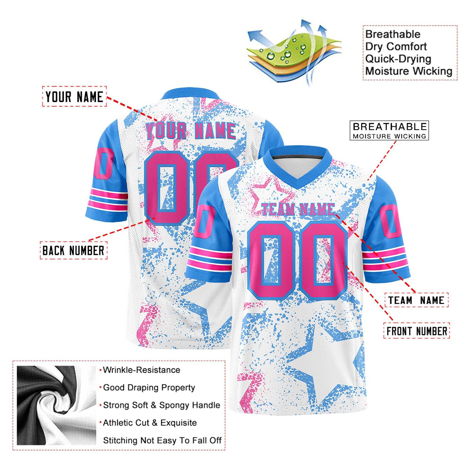 Custom White Pink Light-Blue Mesh Star Football Jersey