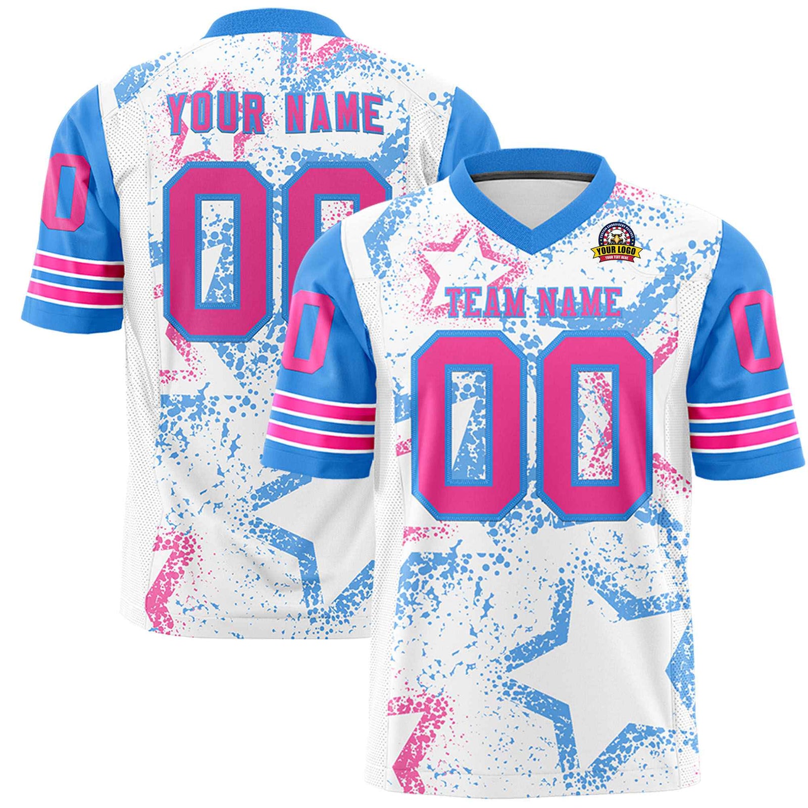 Custom White Pink Light-Blue Mesh Star Football Jersey