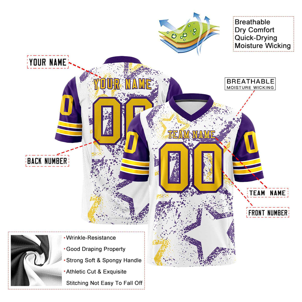 Custom White Yellow Purple Mesh Star Football Jersey