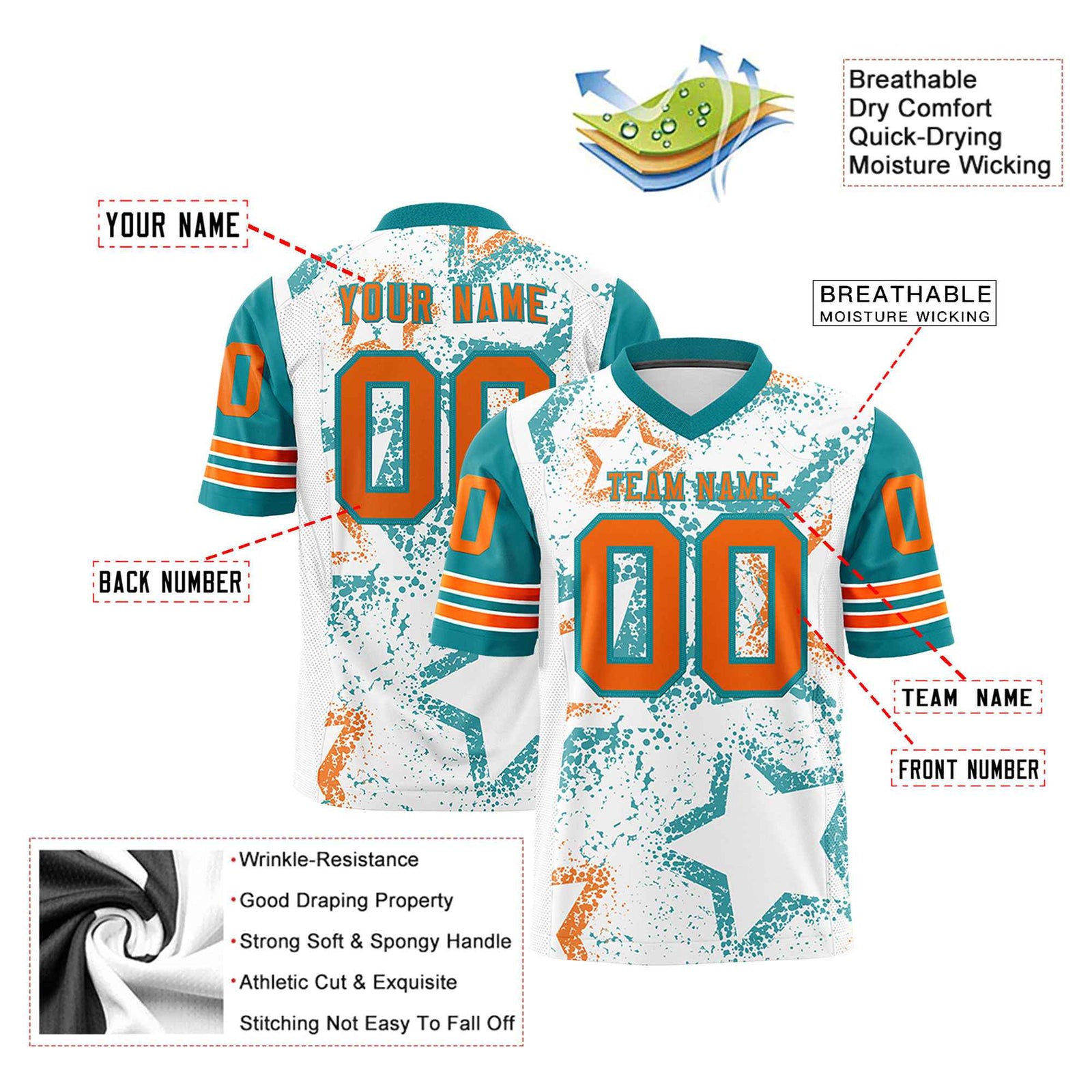 Custom White Orange Aqua Mesh Star Football Jersey