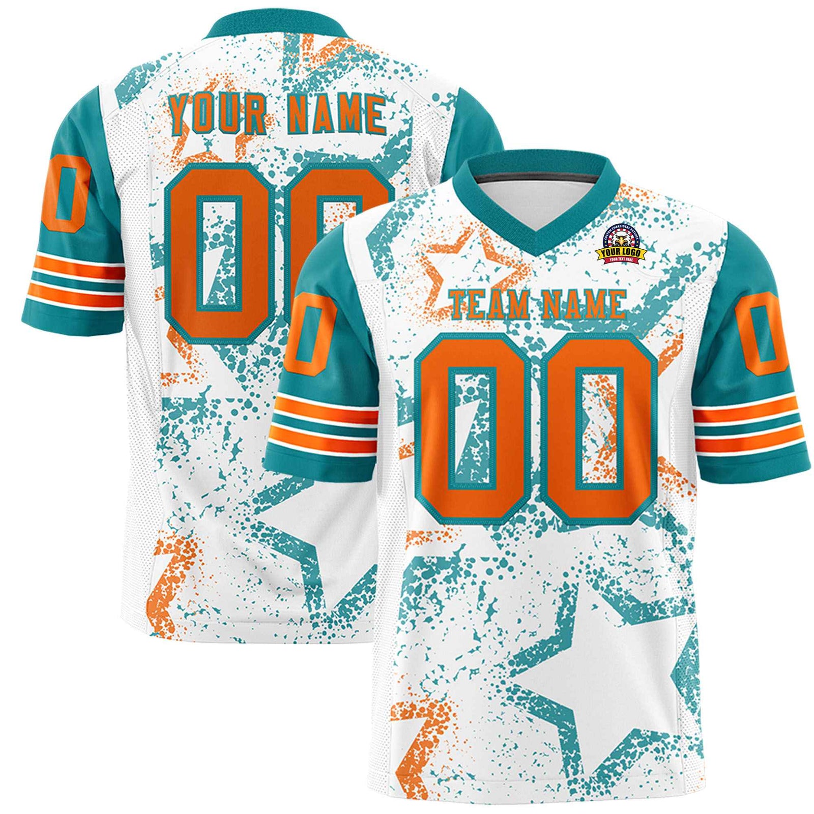 Custom White Orange Aqua Mesh Star Football Jersey