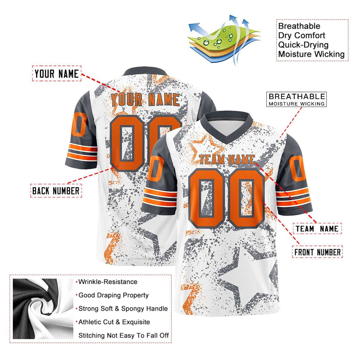 Custom White Orange Gray Mesh Star Football Jersey