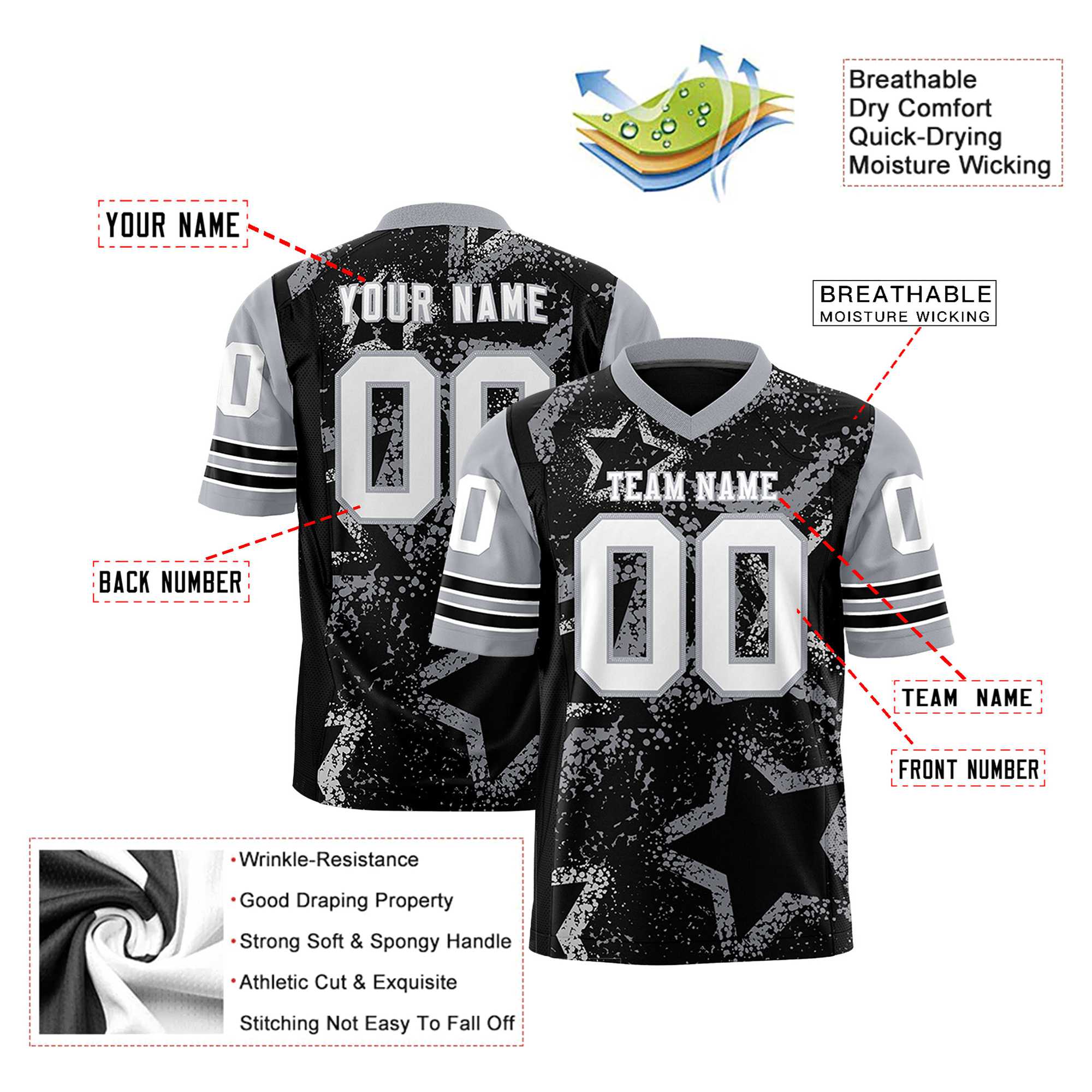 Custom Black White Gray Mesh Star Football Jersey