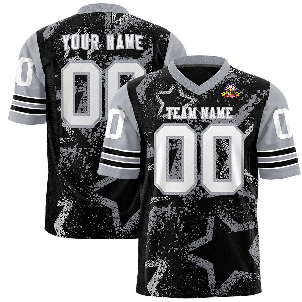 Custom Black White Gray Mesh Star Football Jersey