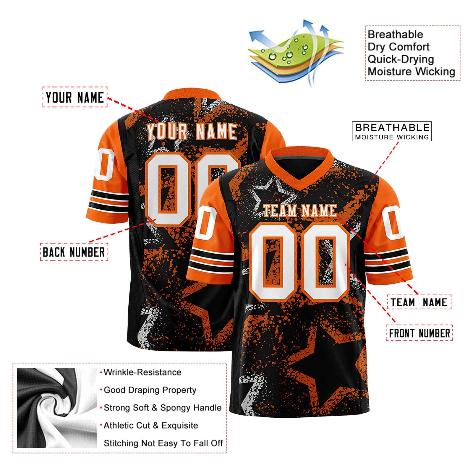 Custom Black White Orange Mesh Star Football Jersey