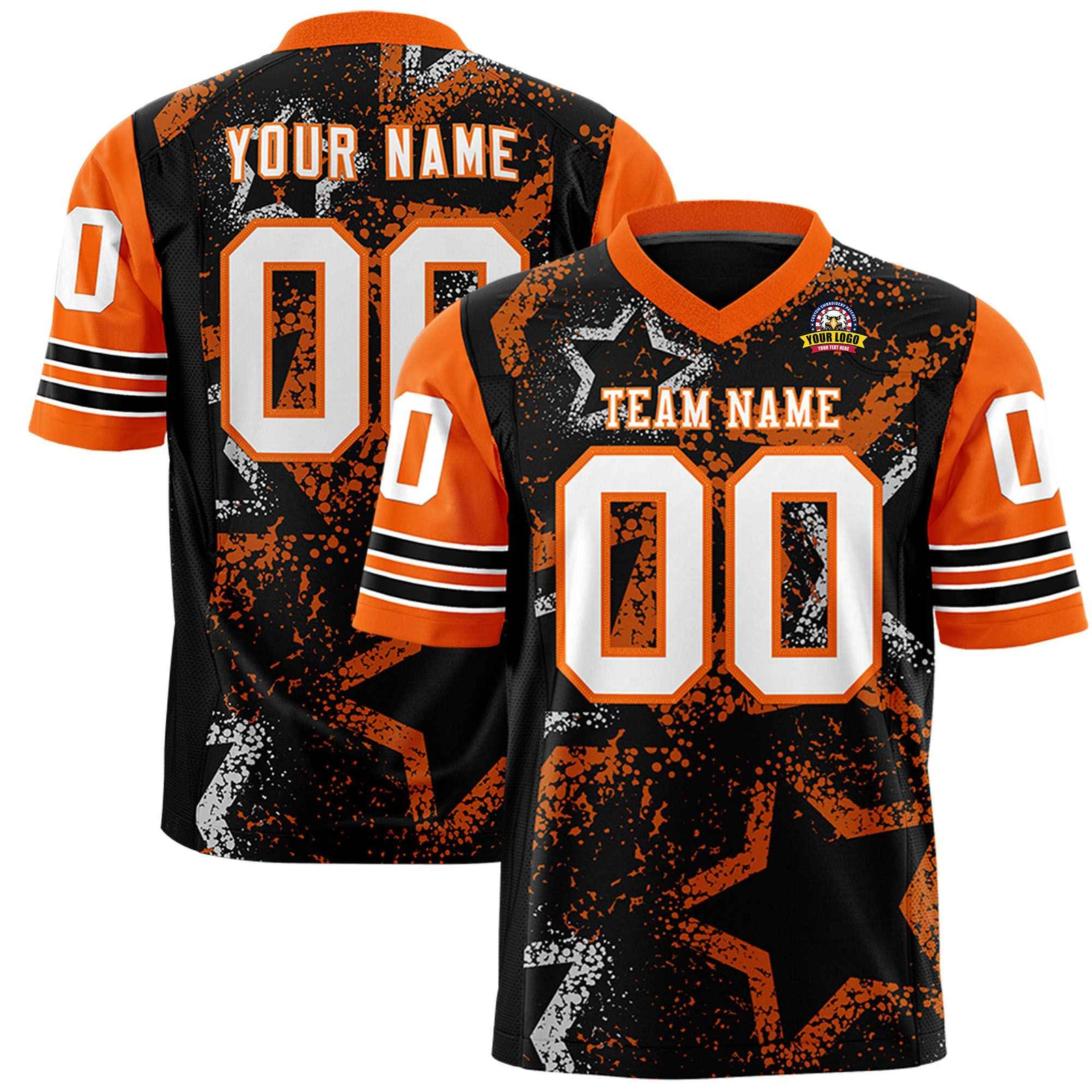 Custom Black White Orange Mesh Star Football Jersey