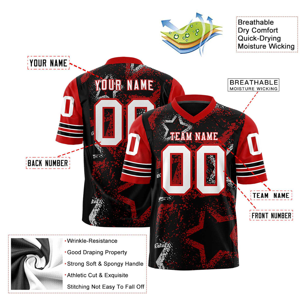 Custom Black White Red Mesh Star Football Jersey