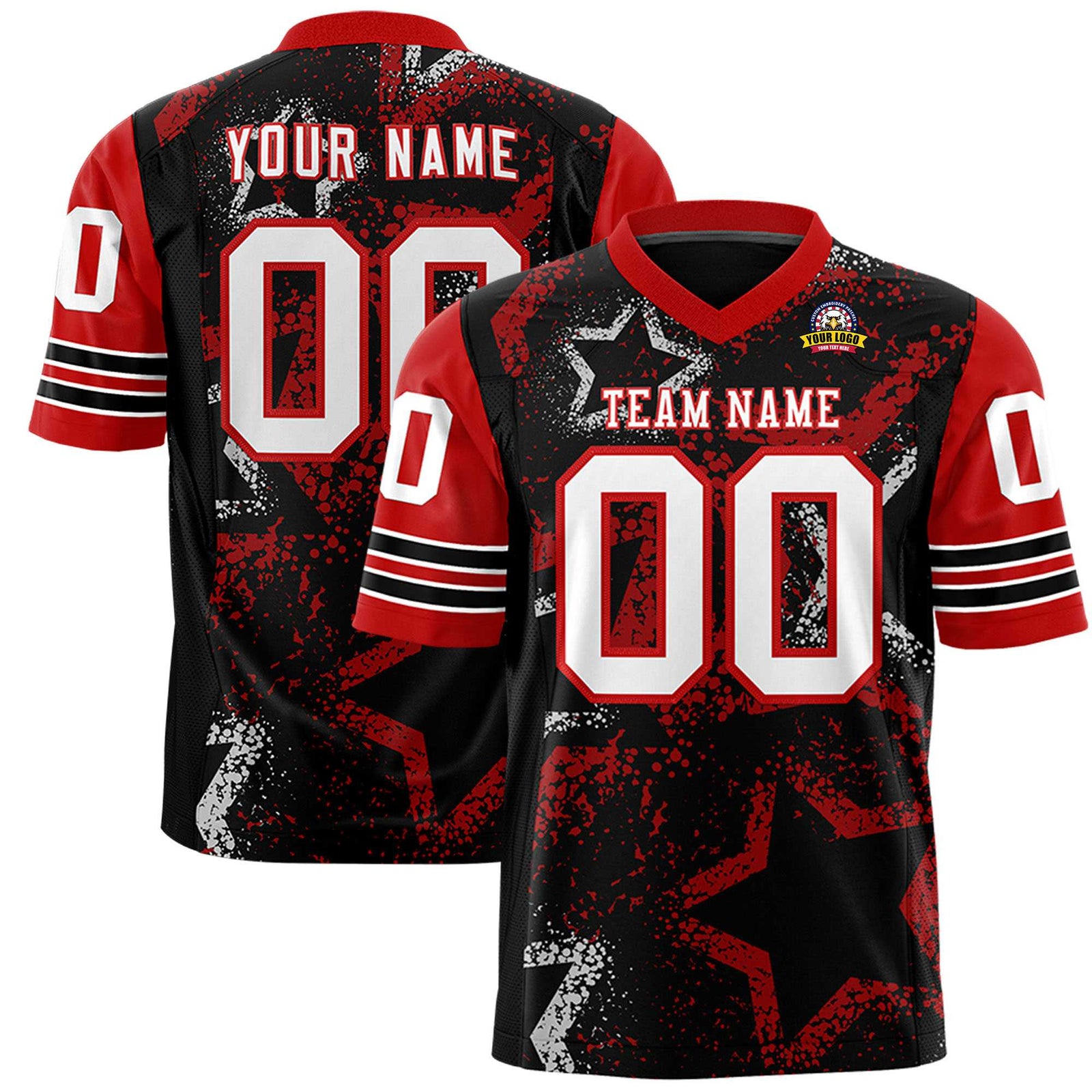 Custom Black White Red Mesh Star Football Jersey