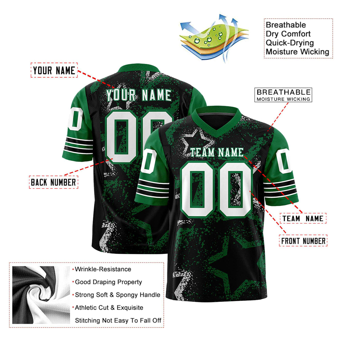 Custom Black White Kelly-Green Mesh Star Football Jersey