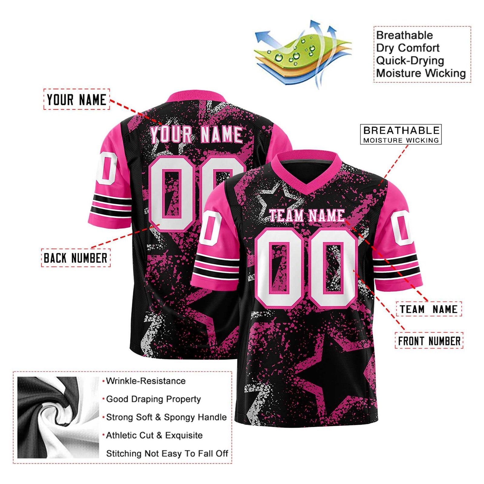 Custom Black White Pink Mesh Star Football Jersey