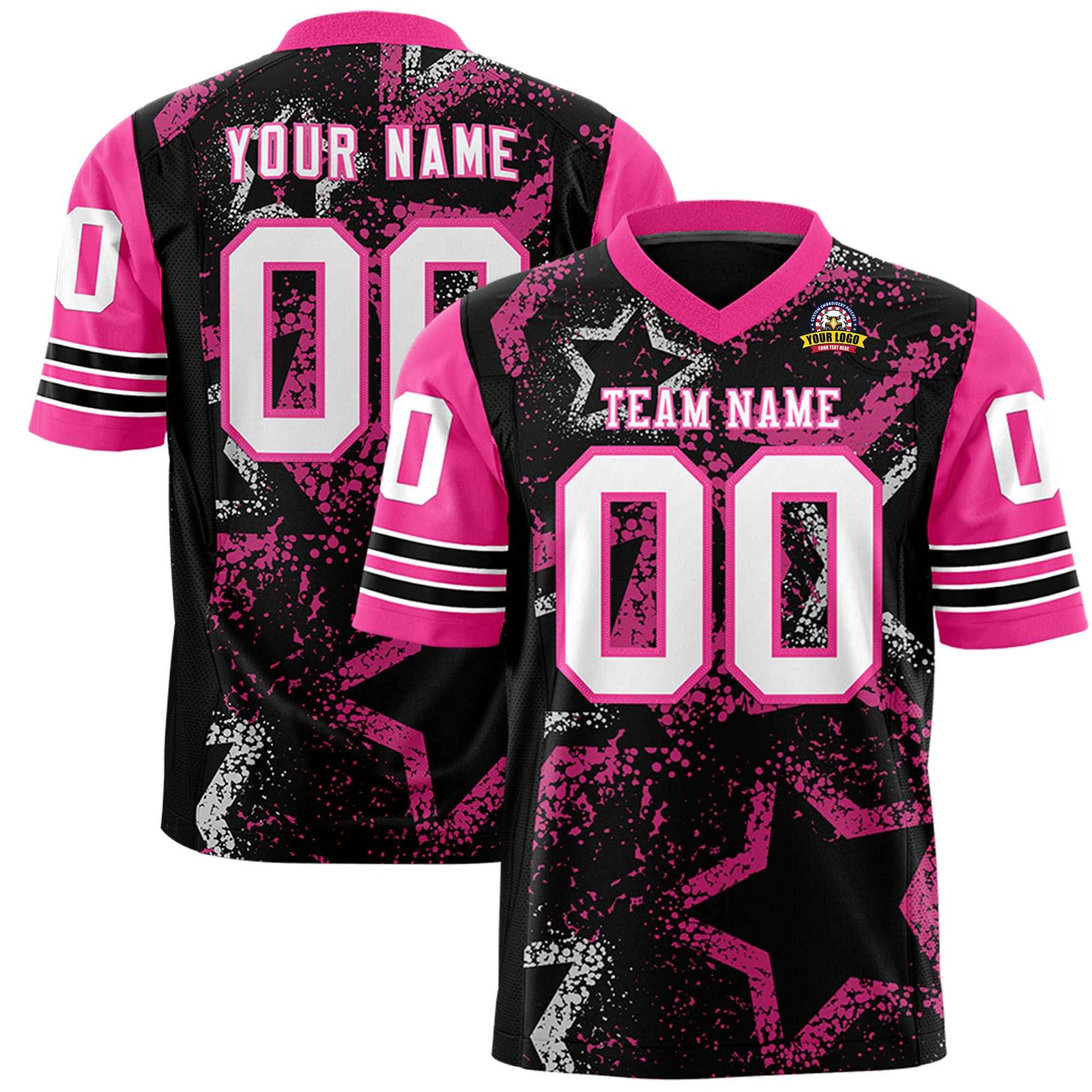 Custom Black White Pink Mesh Star Football Jersey