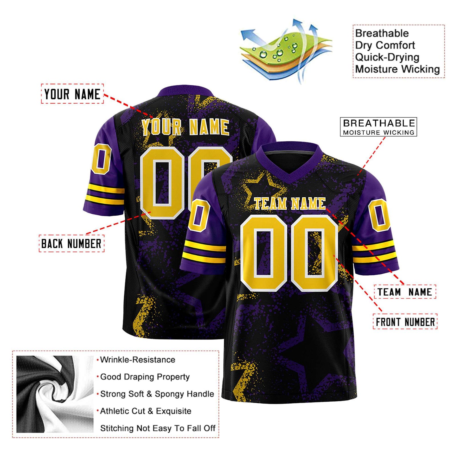 Custom Black Yellow Purple Mesh Star Football Jersey