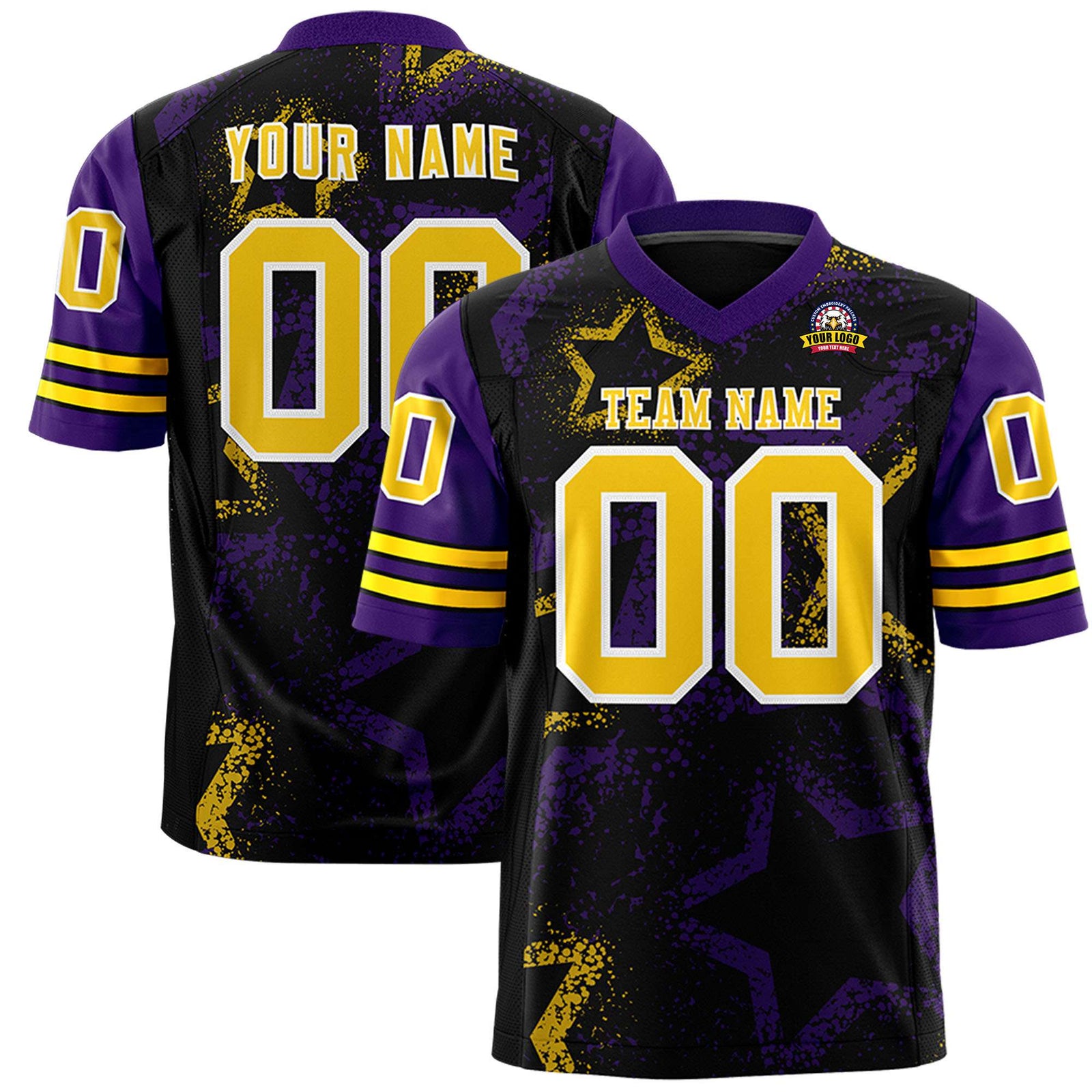 Custom Black Yellow Purple Mesh Star Football Jersey