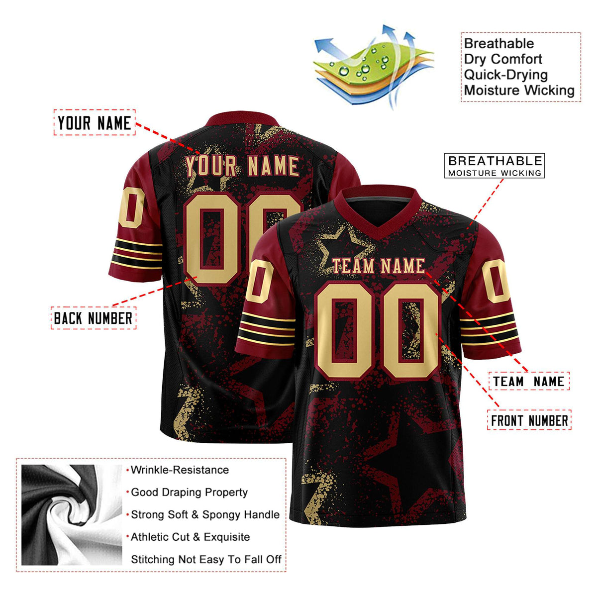Custom Black Old-Gold Red Mesh Star Football Jersey