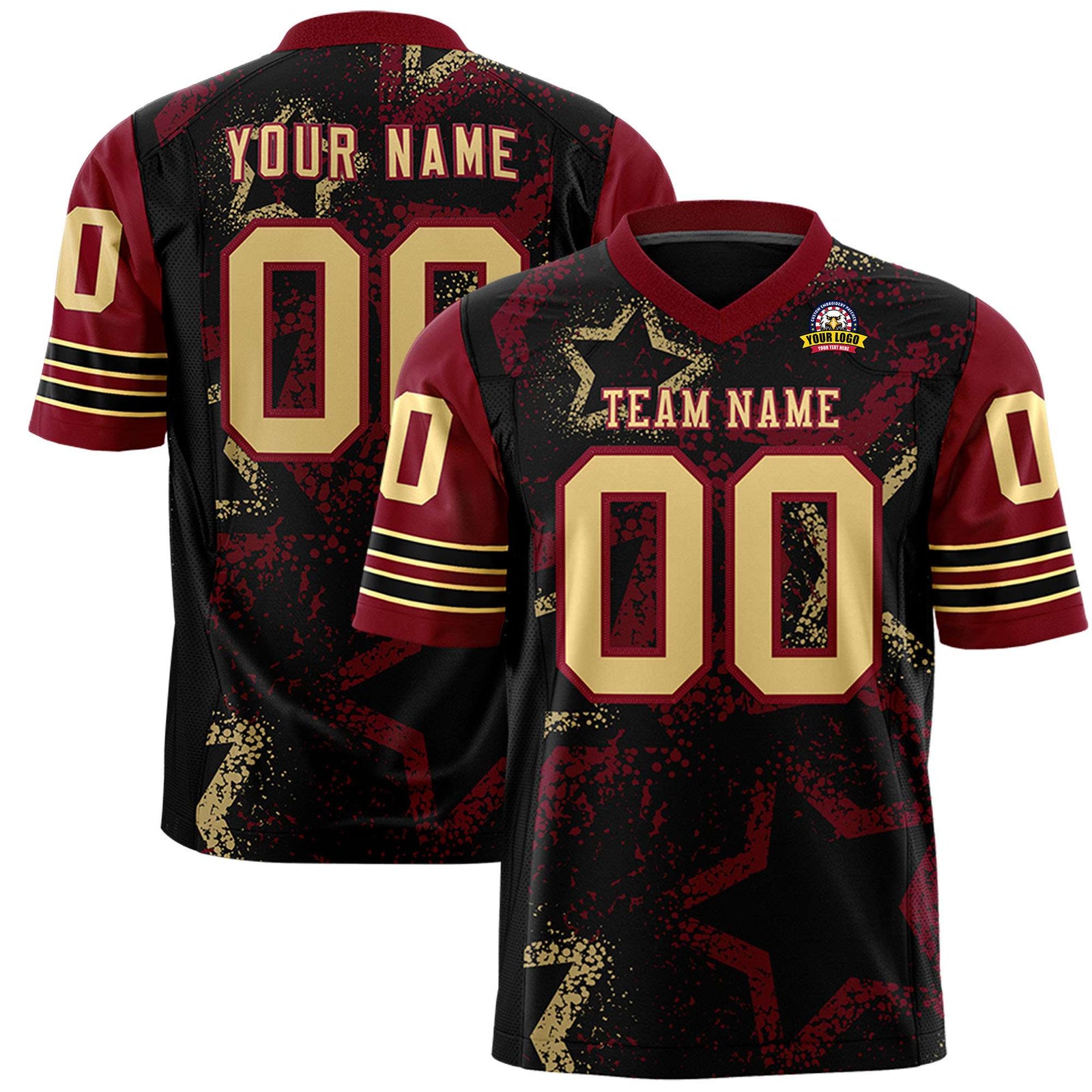 Custom Black Old-Gold Red Mesh Star Football Jersey