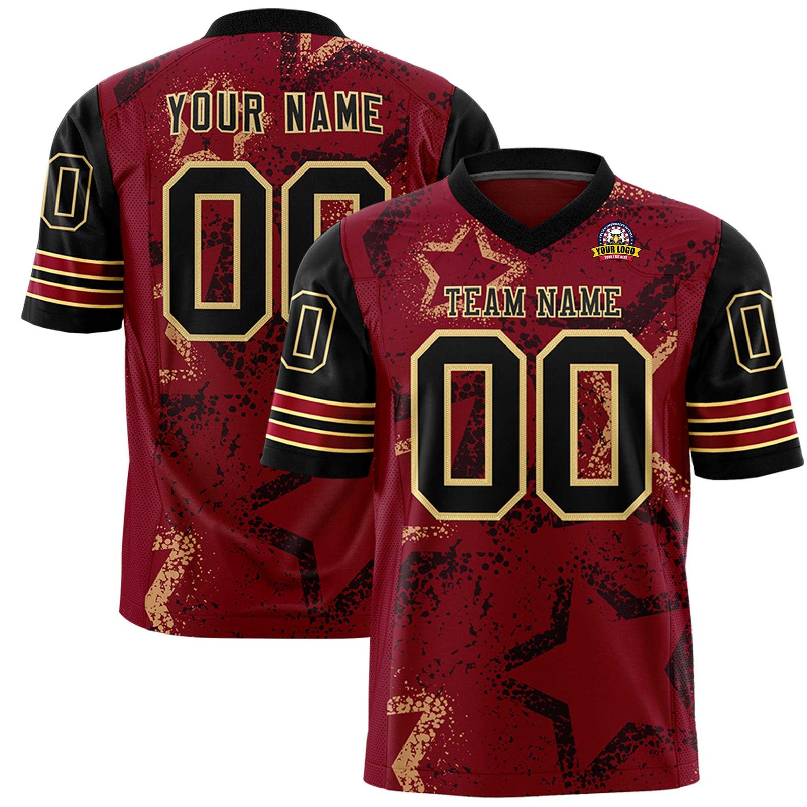 Custom Red Black Old-Gold Mesh Star Football Jersey