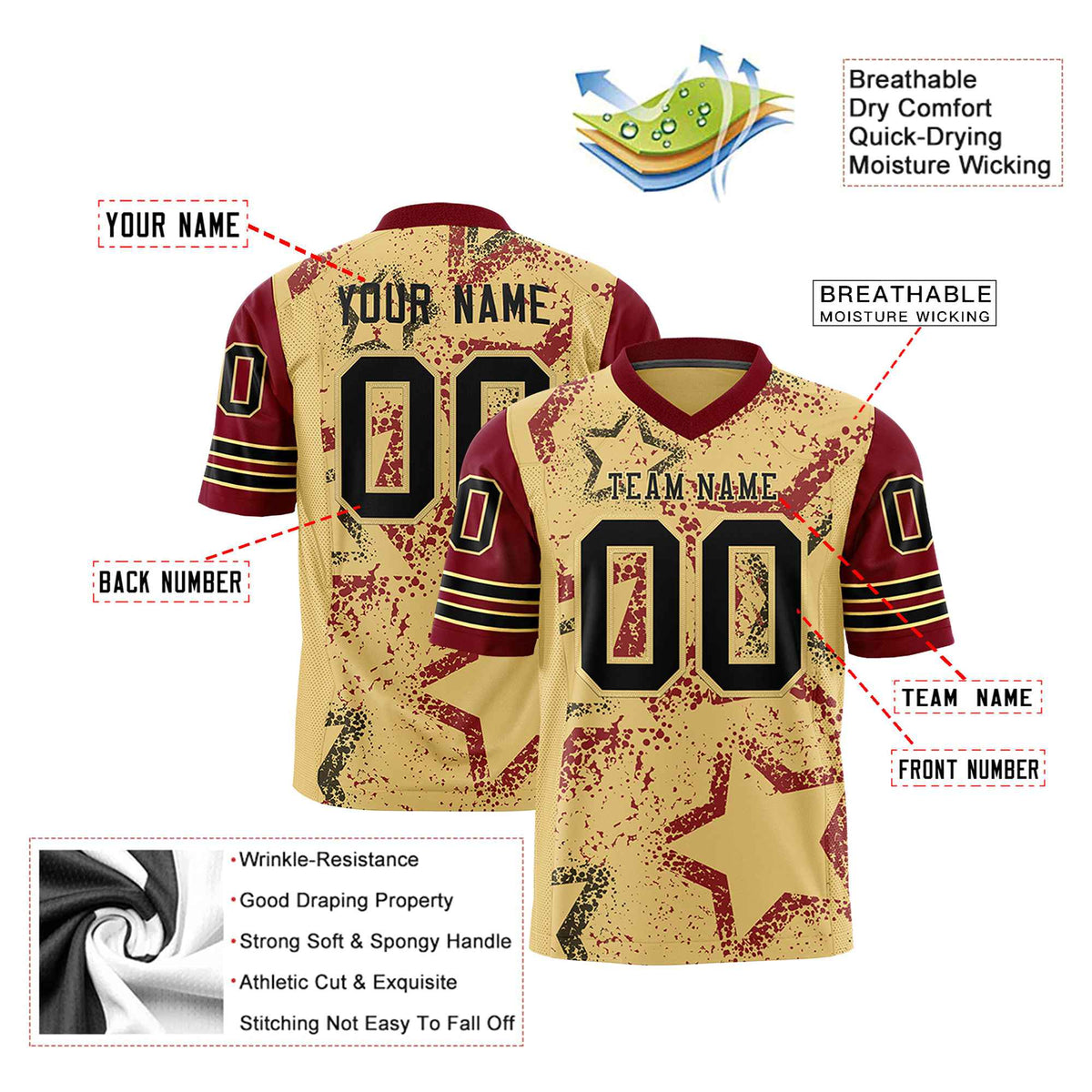 Custom Old-Gold Burgundy-Black Mesh Star Football Jersey