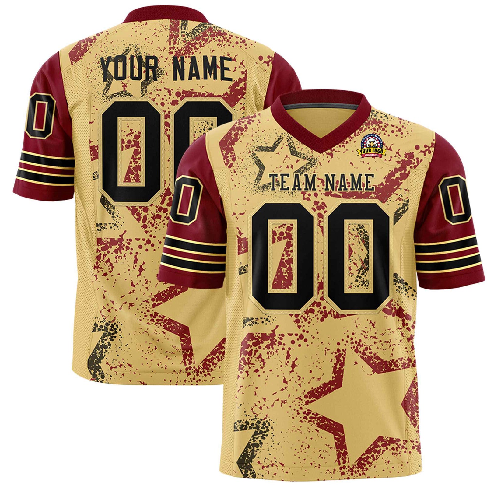 Custom Old-Gold Burgundy-Black Mesh Star Football Jersey