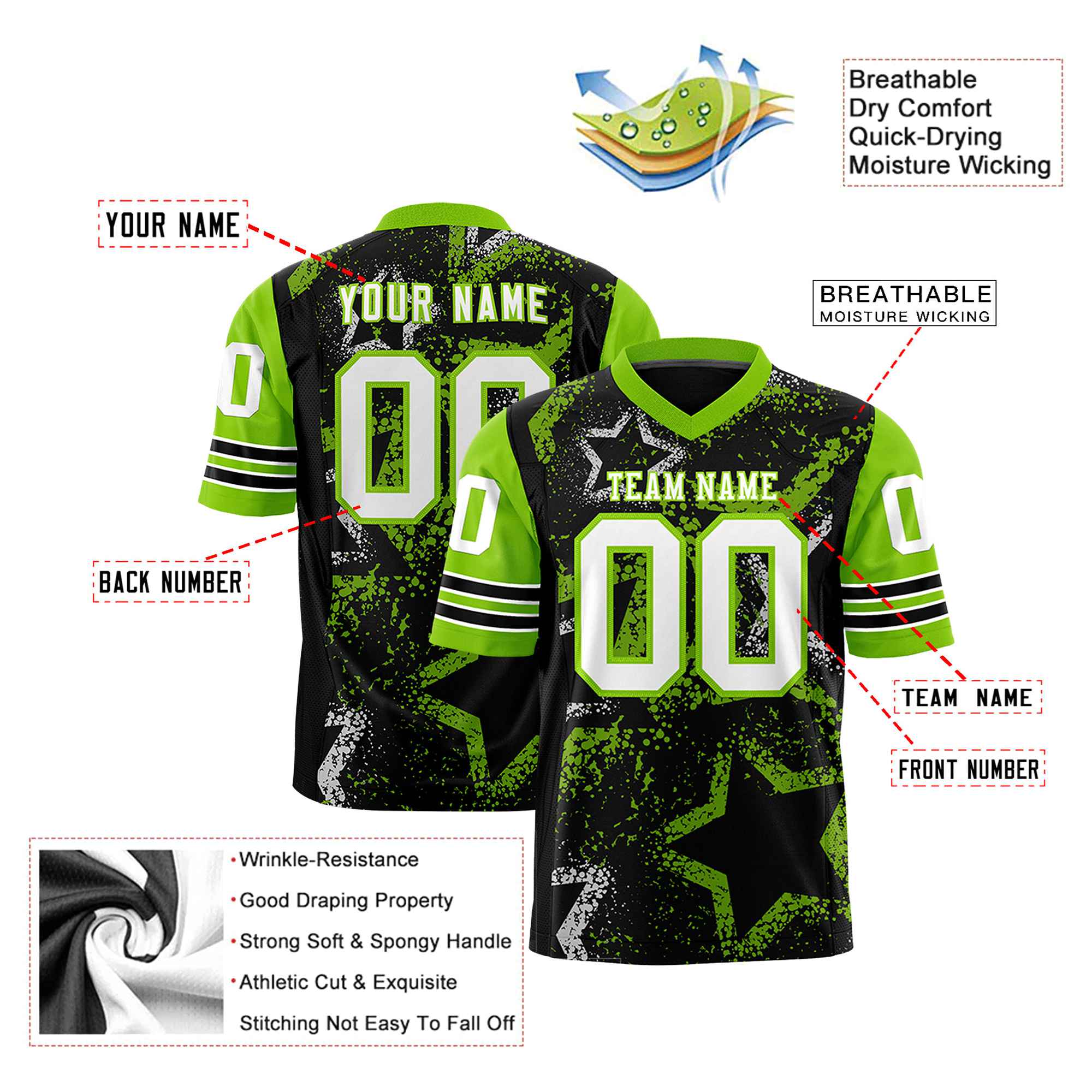 Custom Black White Neon-Green Mesh Star Football Jersey