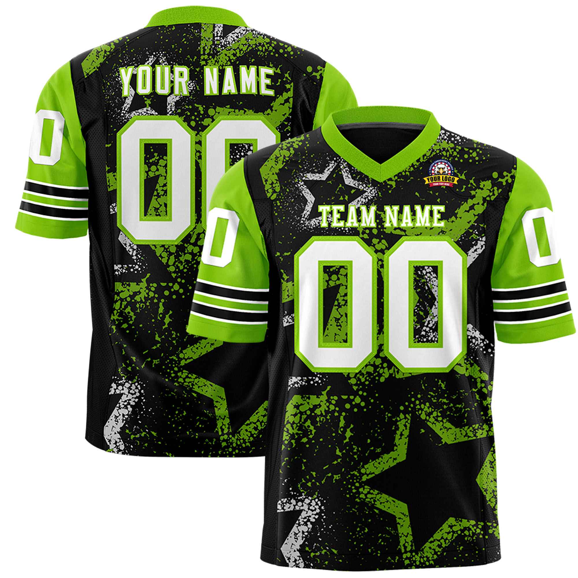 Custom Black White Neon-Green Mesh Star Football Jersey