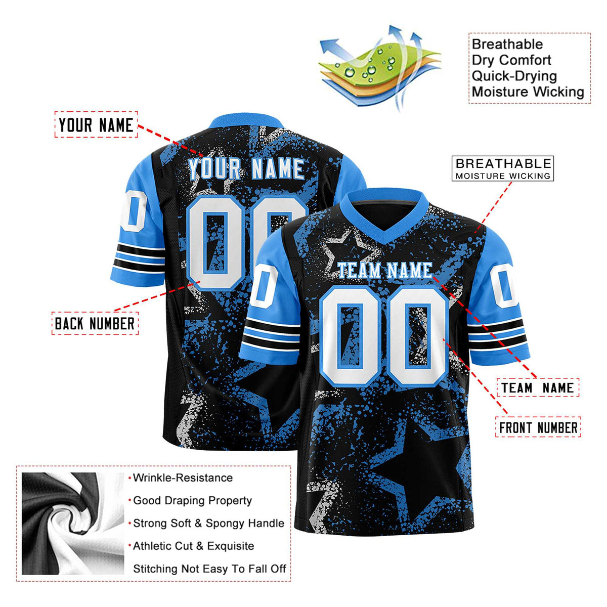 Custom Black White Light-Blue Mesh Star Football Jersey