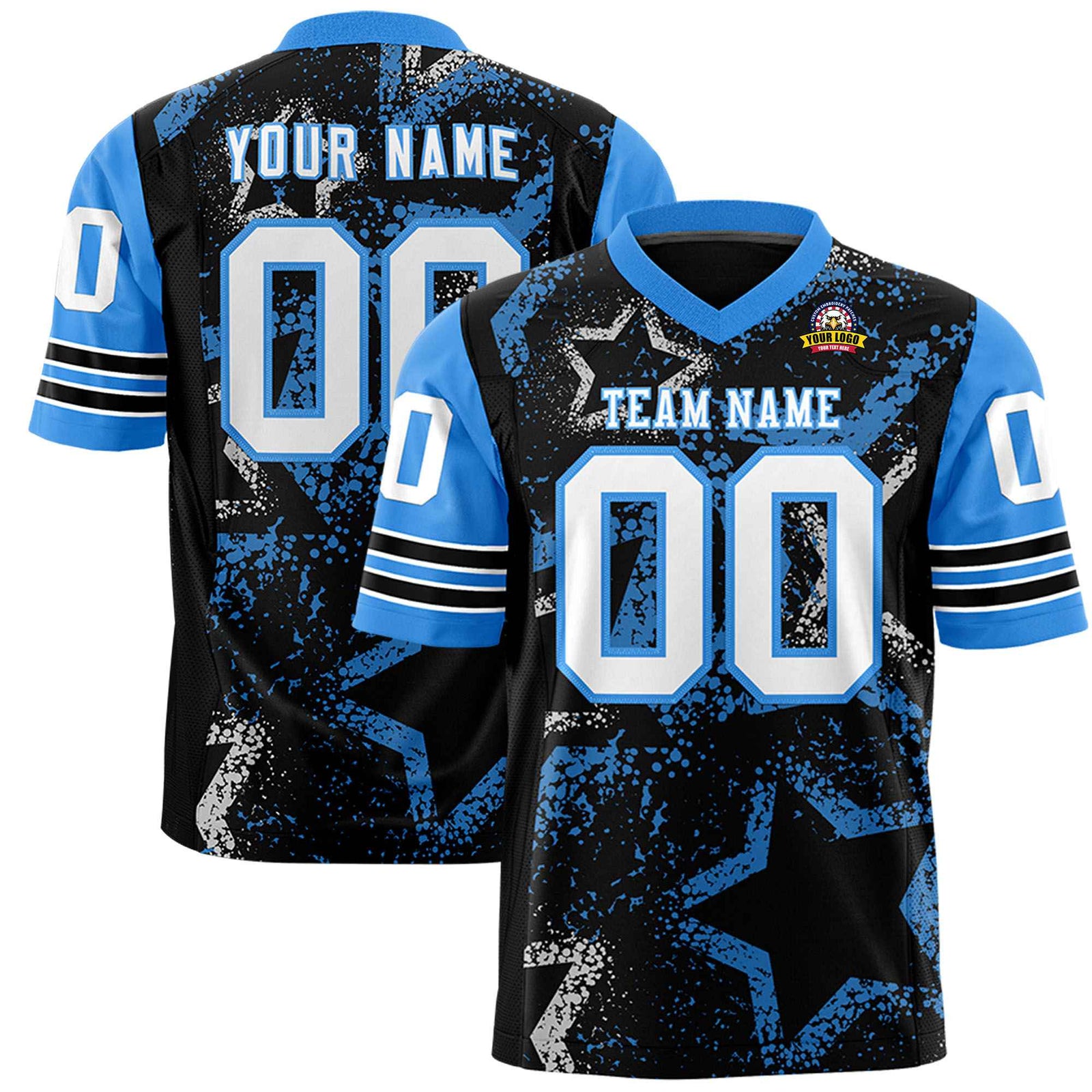 Custom Black White Light-Blue Mesh Star Football Jersey