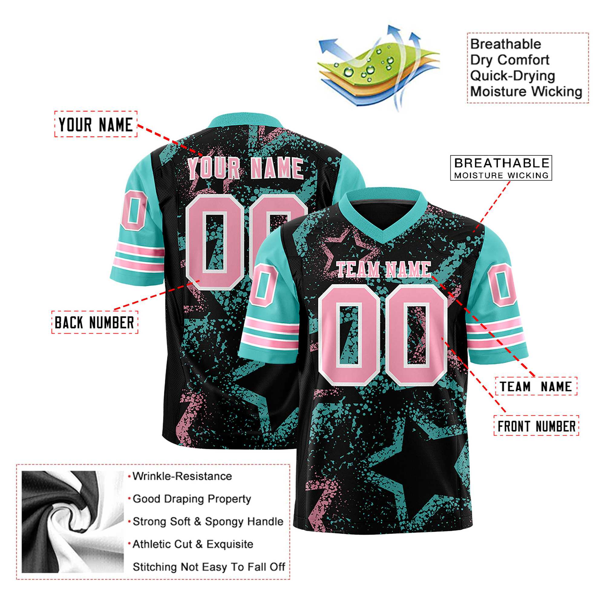 Custom Black Pink-Aqua Mesh Star Football Jersey