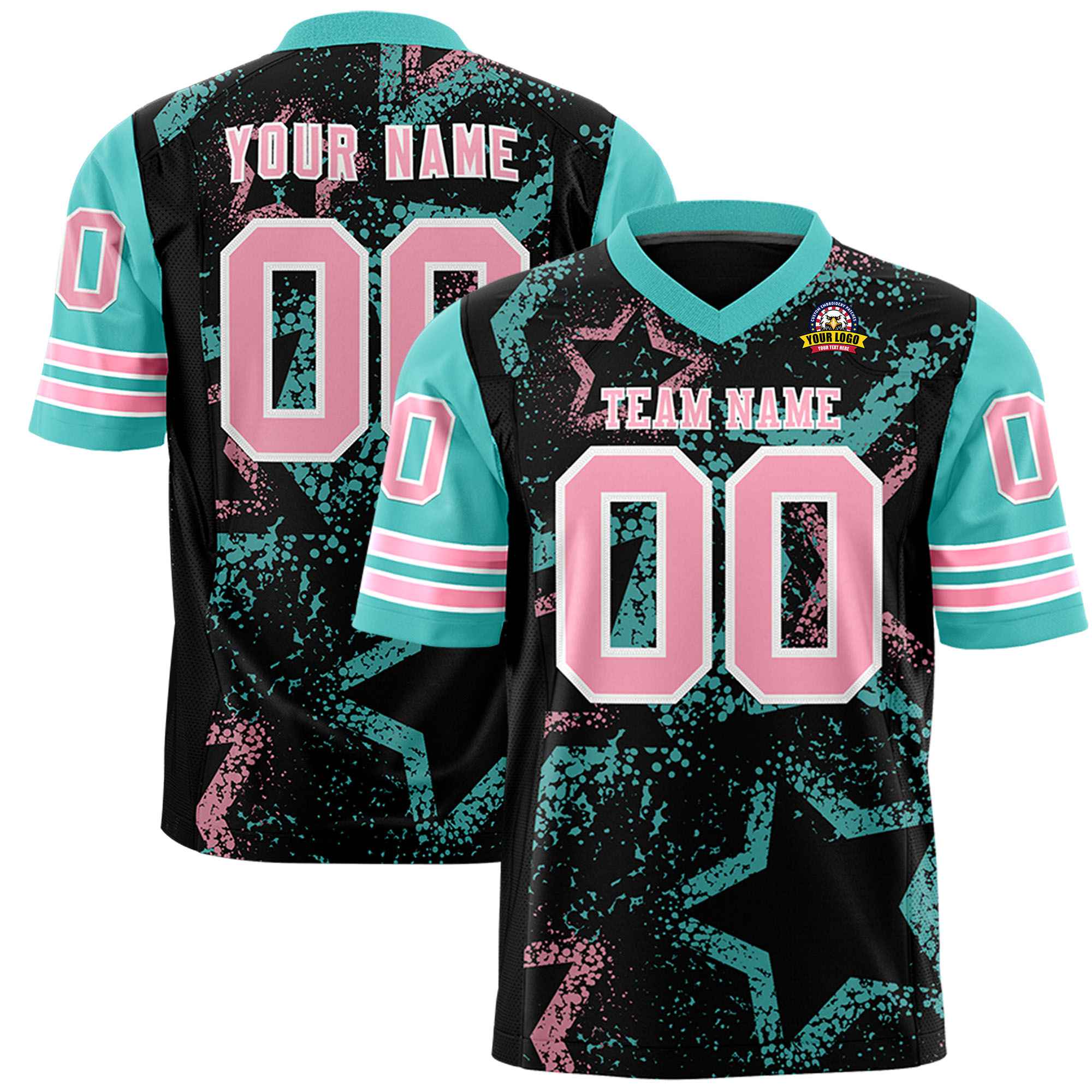 Custom Black Pink-Aqua Mesh Star Football Jersey