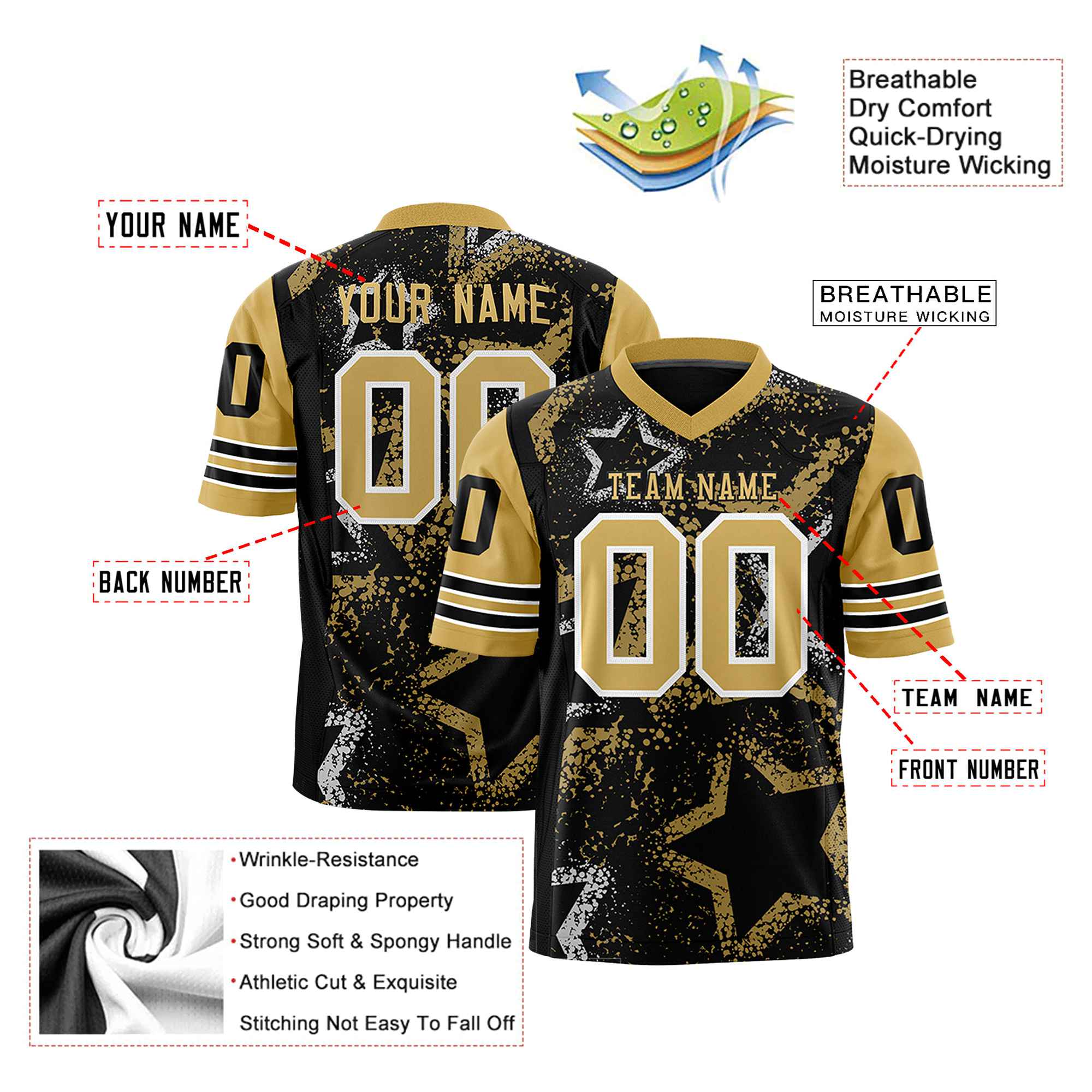 Custom Black Old-Gold White Mesh Star Football Jersey