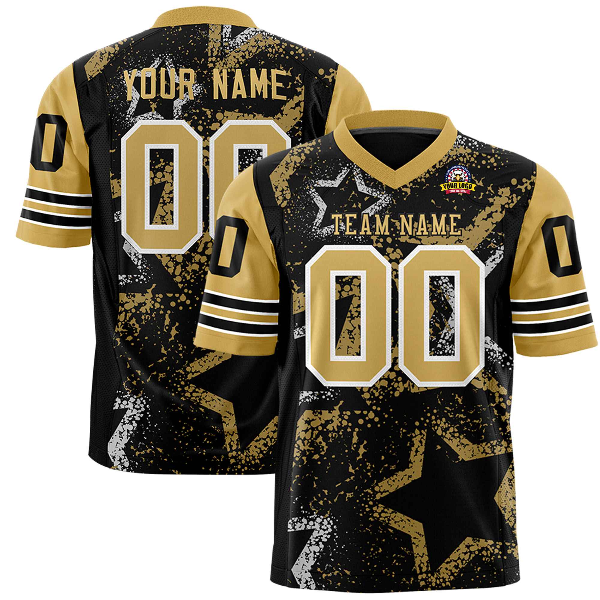 Custom Black Old-Gold White Mesh Star Football Jersey