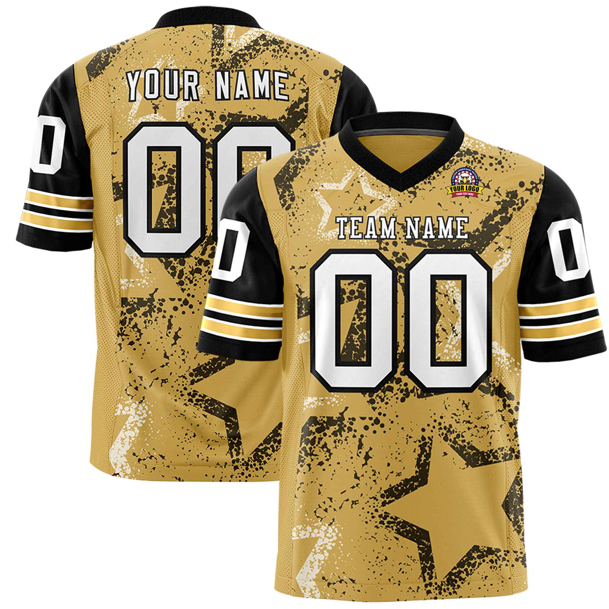 Custom Old-Gold White-Black Mesh Star Football Jersey