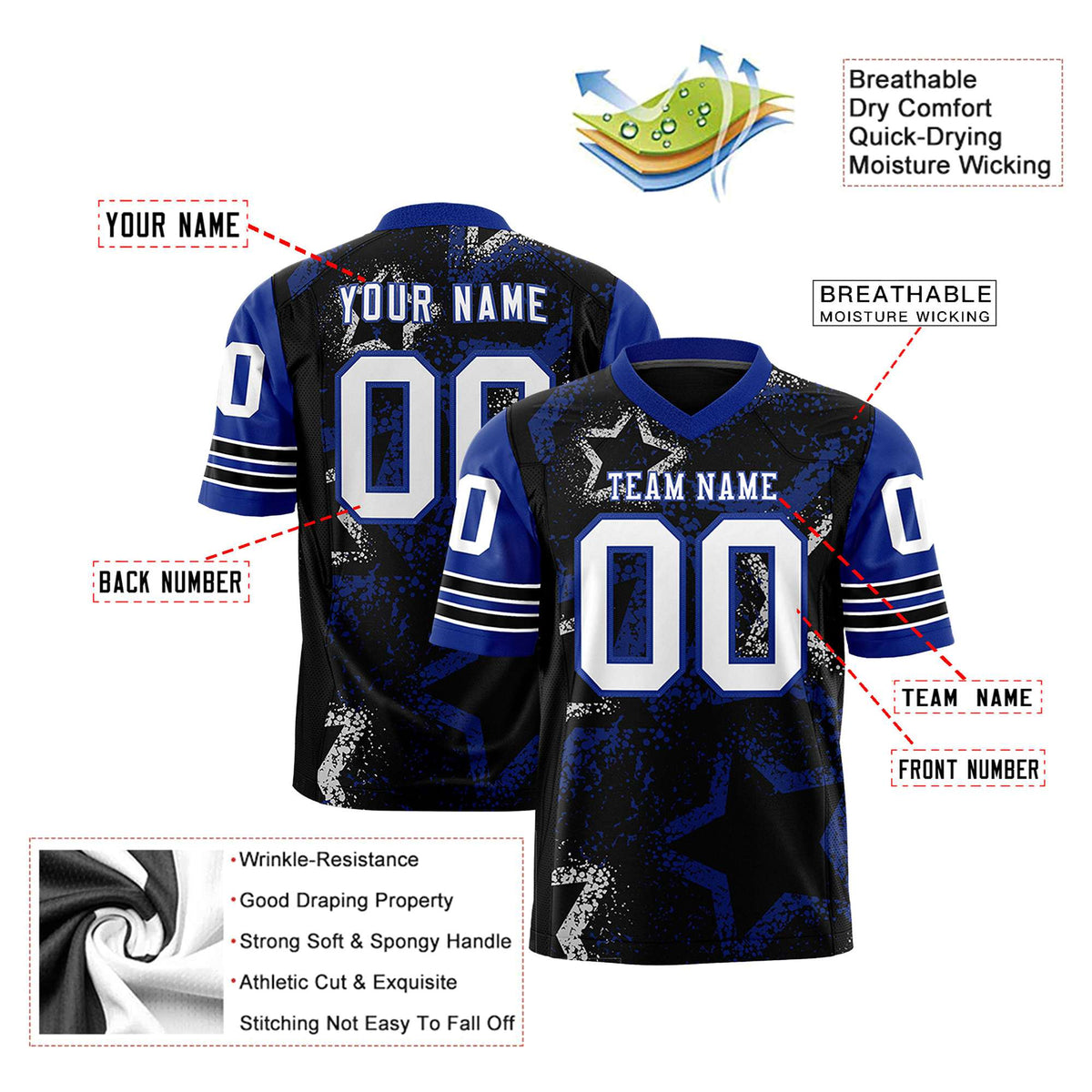 Custom Black White Thunder-Blue Mesh Star Football Jersey