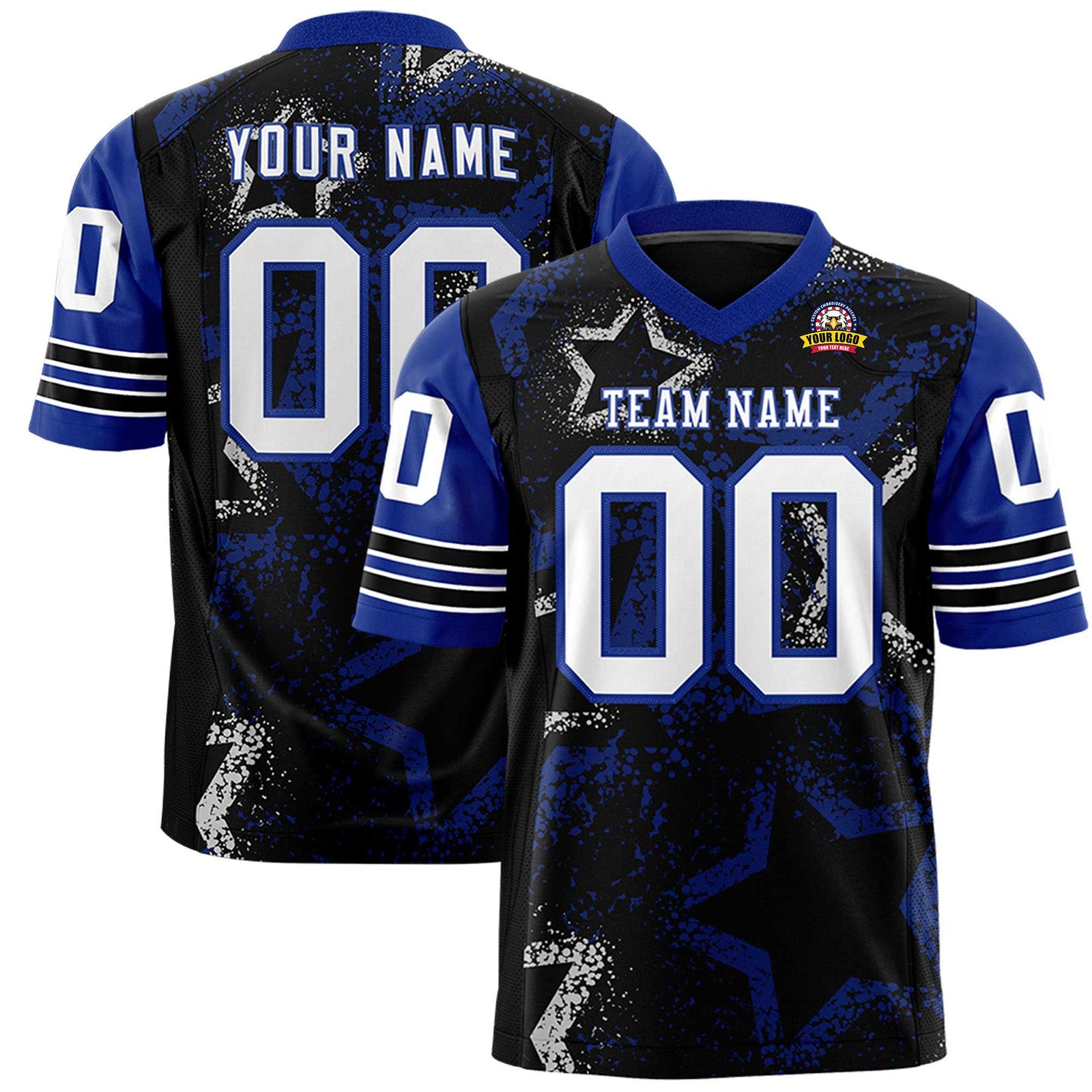 Custom Black White Thunder-Blue Mesh Star Football Jersey