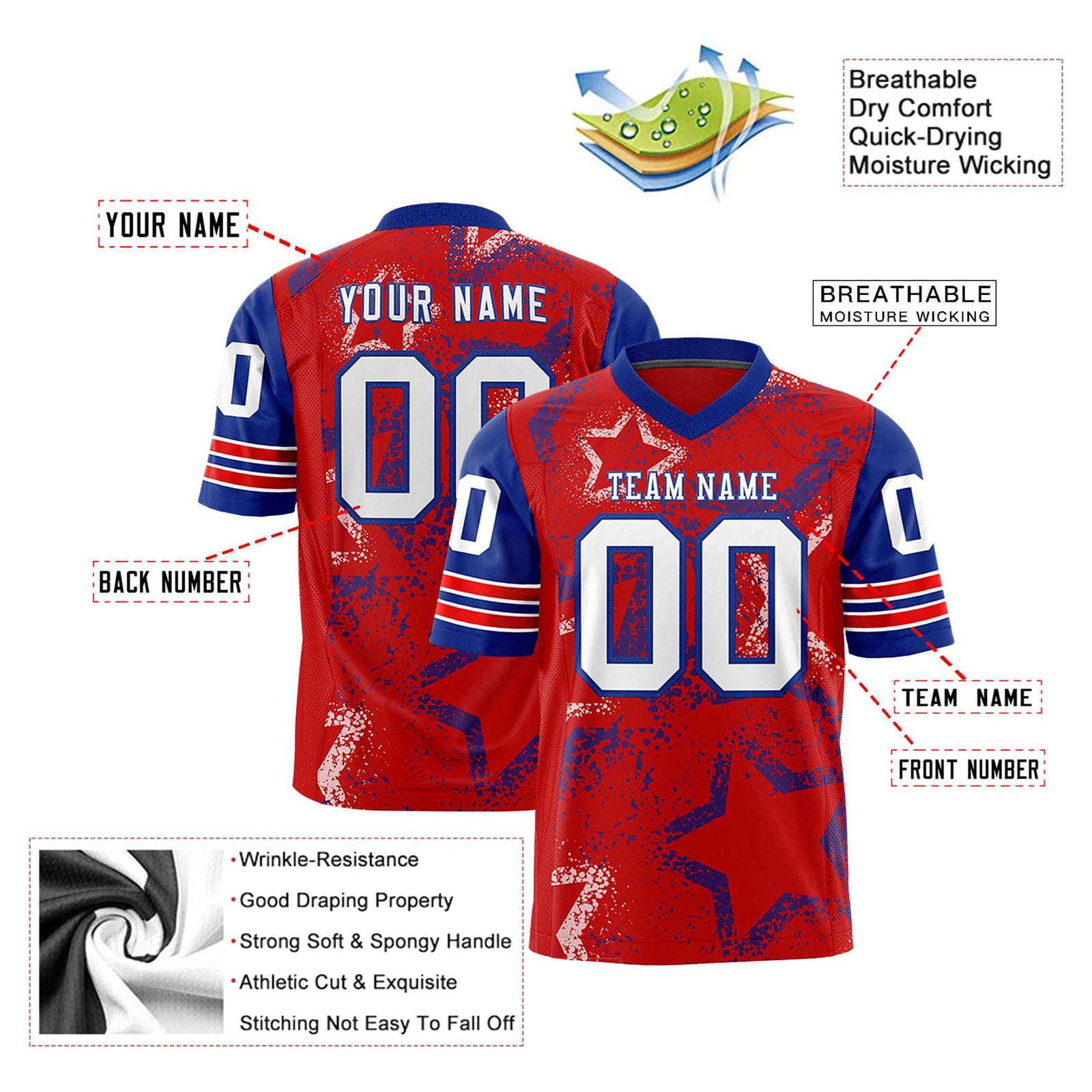 Custom Royal-Red Blue-White Mesh Star Football Jersey