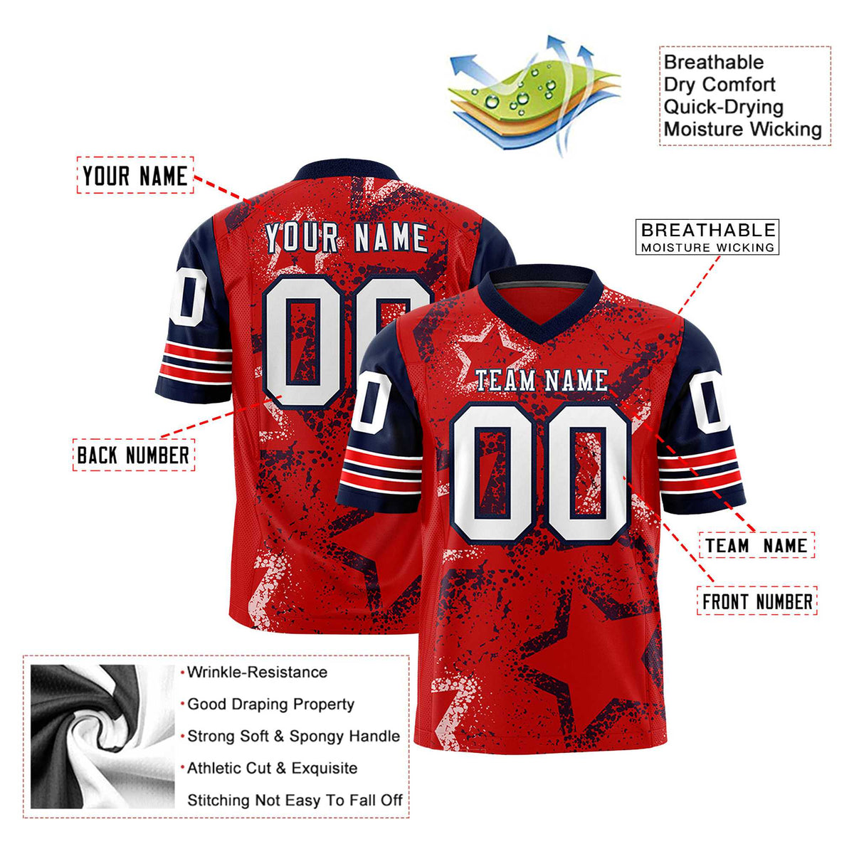 Custom Royal-Red White-Navy Mesh Star Football Jersey