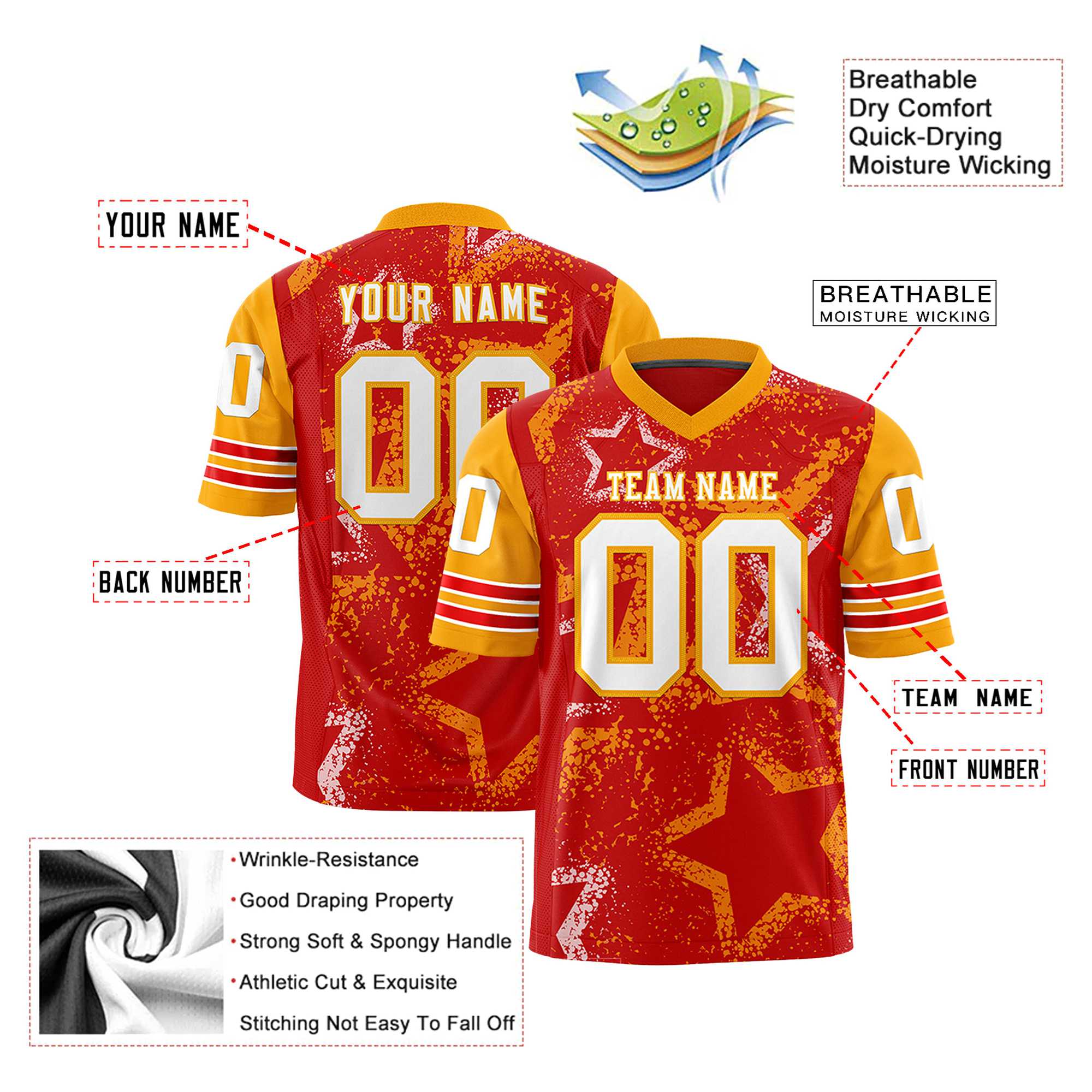 Custom Red White-Yellow Mesh Star Football Jersey