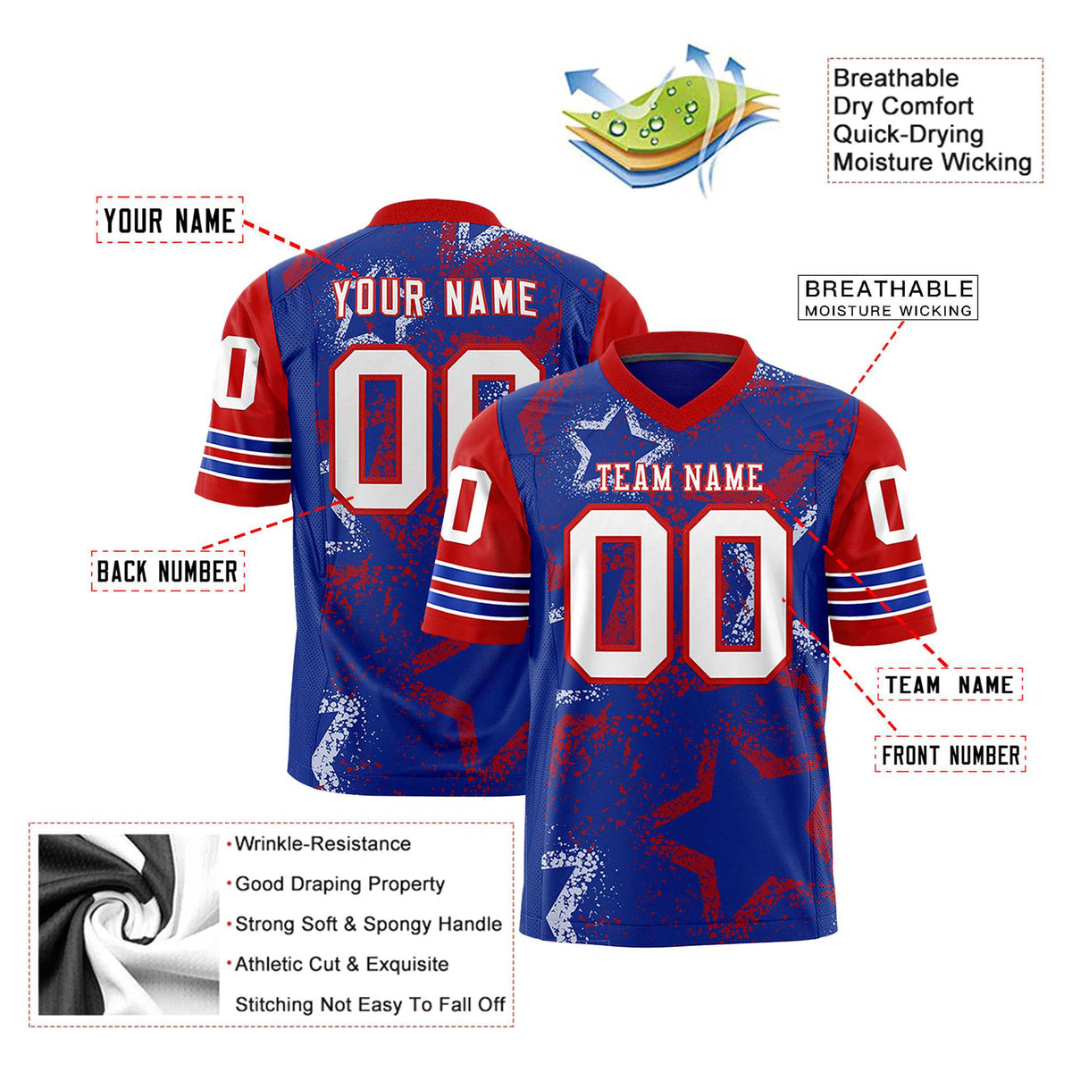 Custom Thunder-Blue White-Red Mesh Star Football Jersey