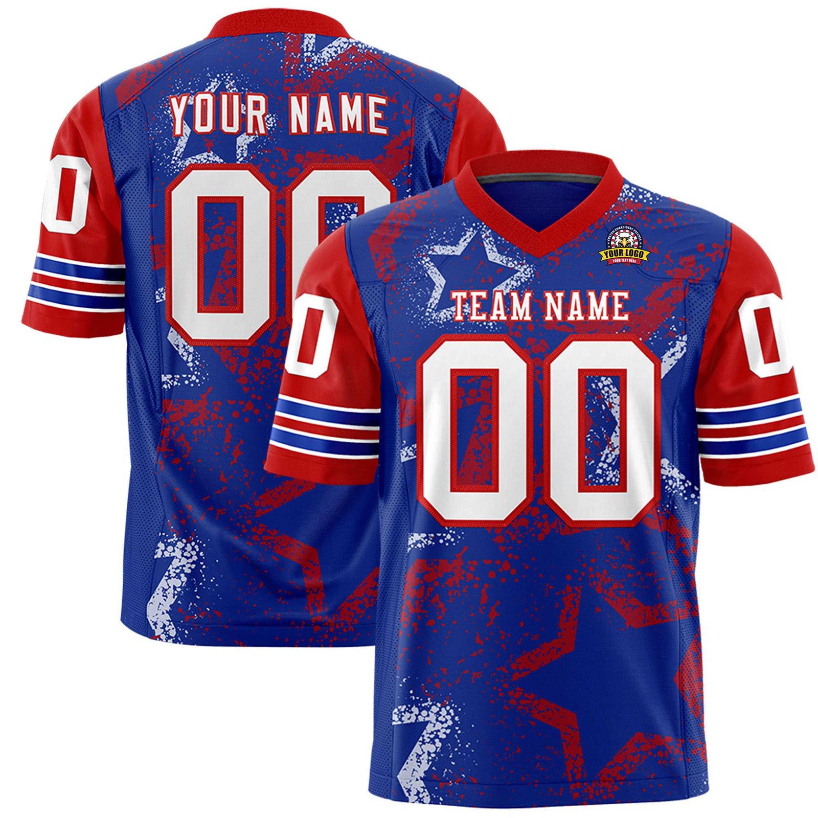 Custom Thunder-Blue White-Red Mesh Star Football Jersey