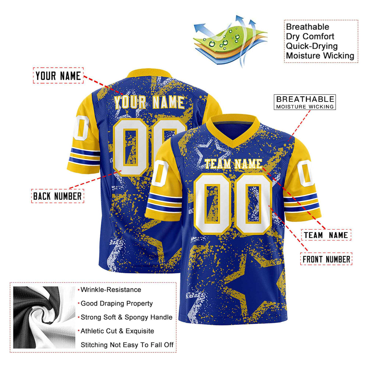 Custom Purple White-Yellow Mesh Star Football Jersey