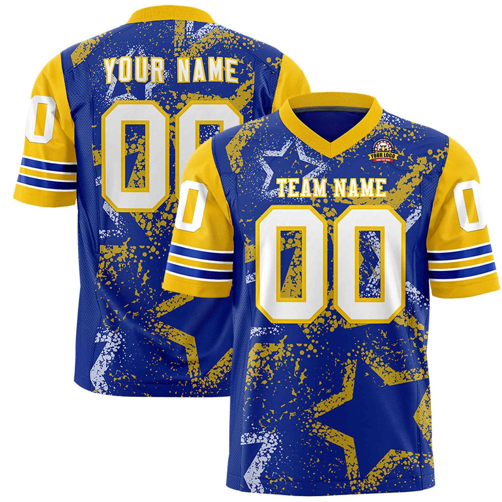 Custom Purple White-Yellow Mesh Star Football Jersey