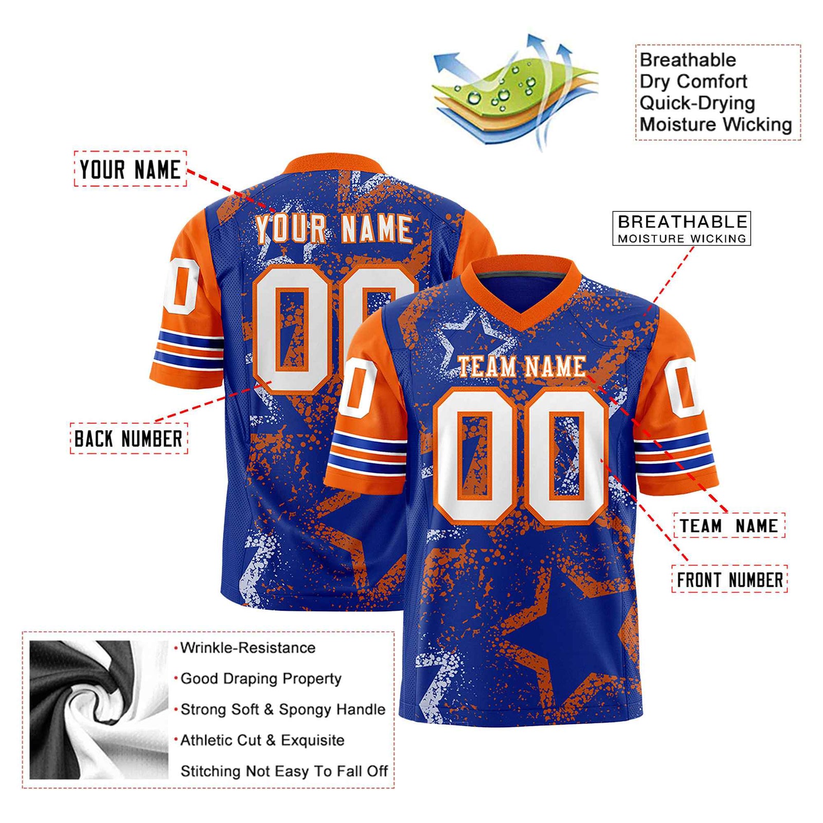 Custom Purple White-Orange Mesh Star Football Jersey