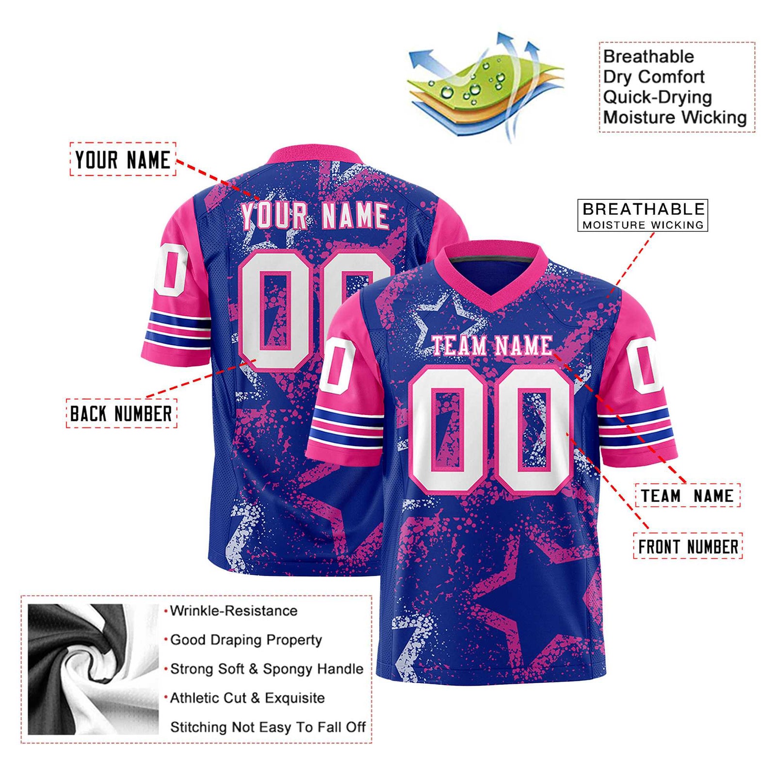 Custom Purple White-Pink Mesh Star Football Jersey