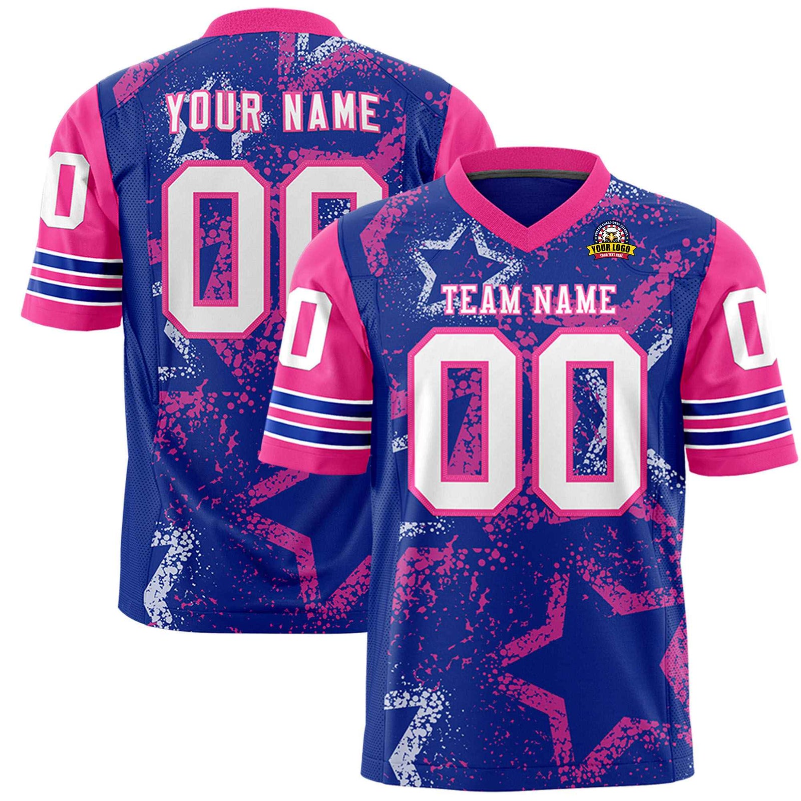 Custom Purple White-Pink Mesh Star Football Jersey