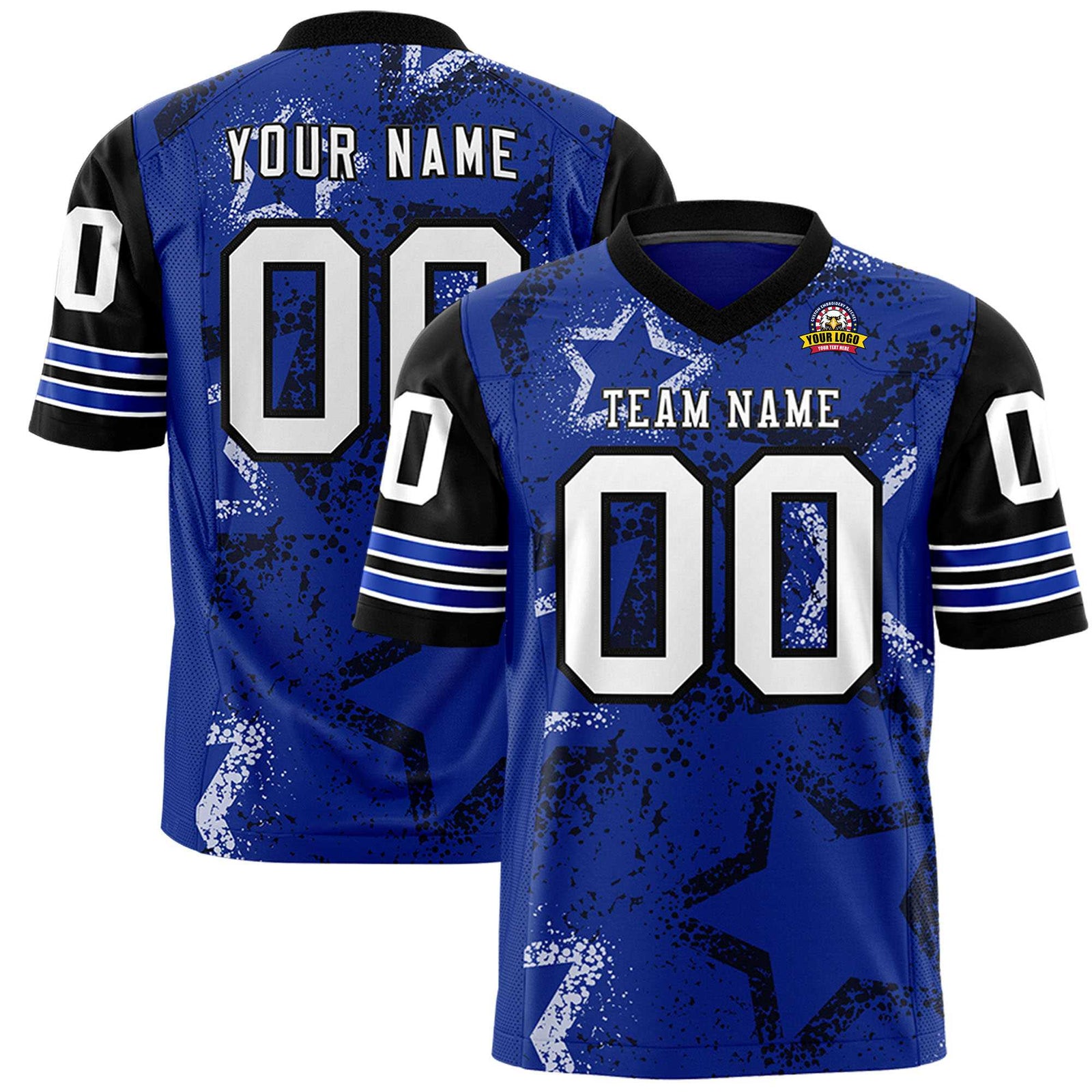 Custom Thunder-Blue White-Black Mesh Star Football Jersey
