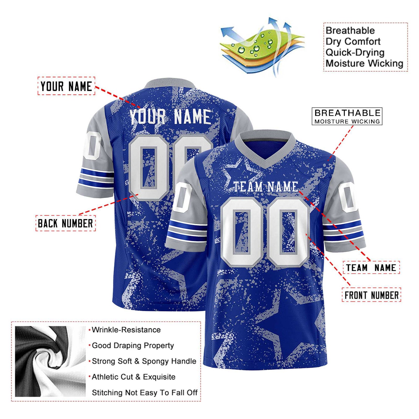 Custom Thunder-Blue White-Gray Mesh Star Football Jersey