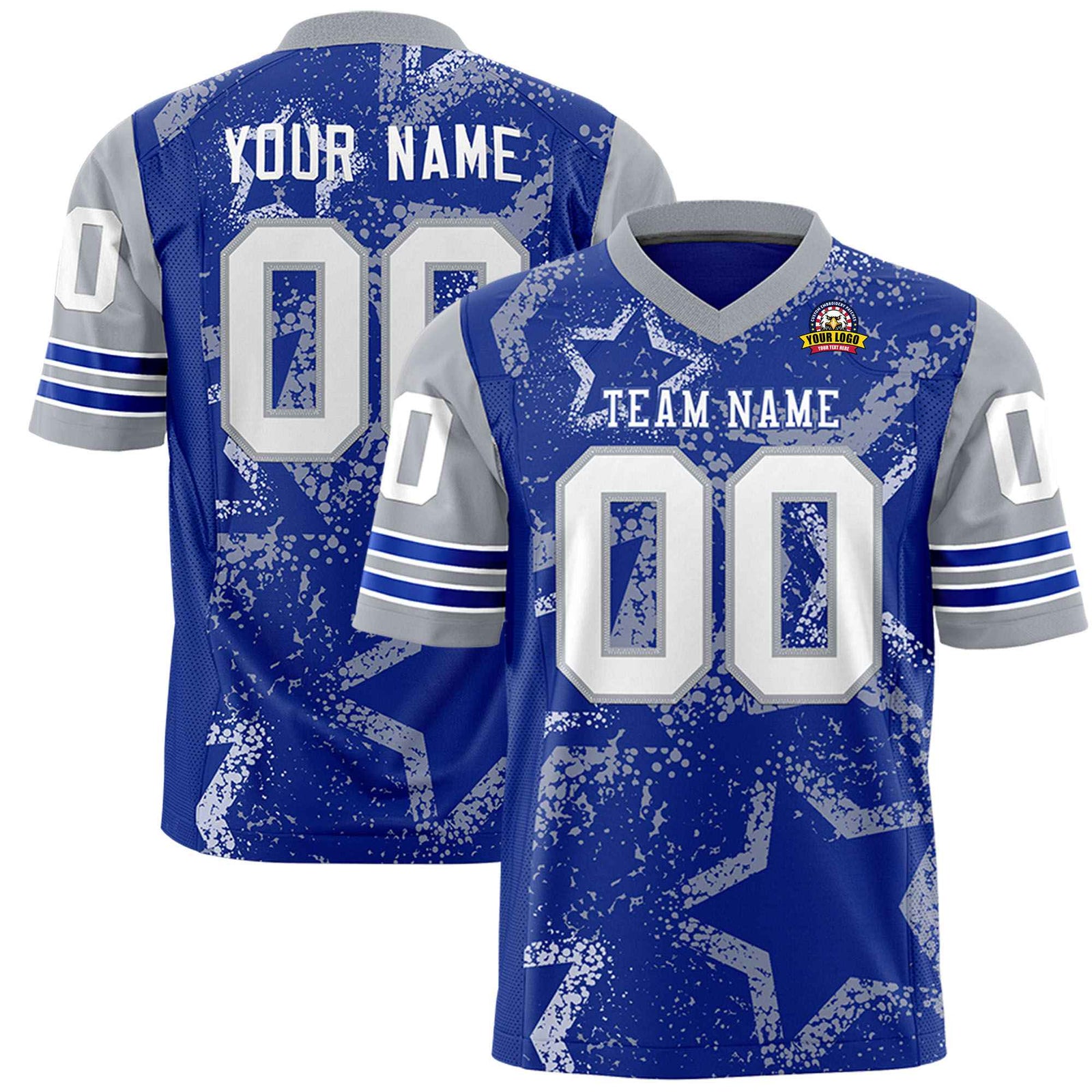 Custom Thunder-Blue White-Gray Mesh Star Football Jersey